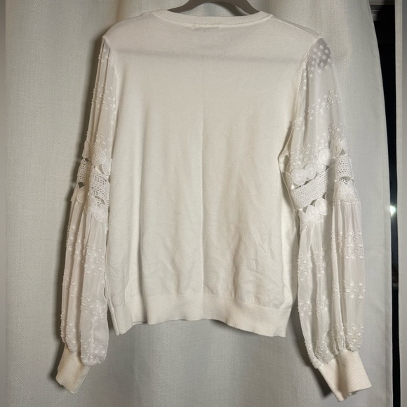 Sioni White Long Sleeve Mix Media Chiffon and Crochet Sleeve Sweater Large - Picture 4 of 8